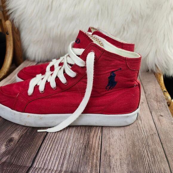 Vintage Polo Ralph Lauren Red Canvas High-Top Sneakers with White Laces Sz 10D - Picture 11 of 13